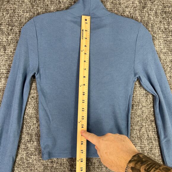 American Eagle Shirt Womens Small Blue Waffle Knit Cropped Long Sleeve Mock Neck - Picture 7 of 8